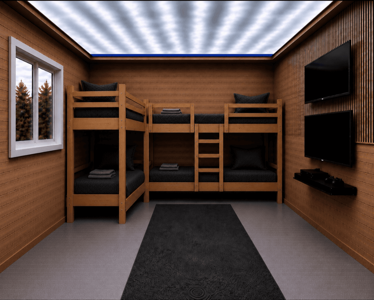 Inside a Kozy Hole shack — four bunks with memory-foam mattresses, LED ceiling lighting, and a wall-mounted TV.